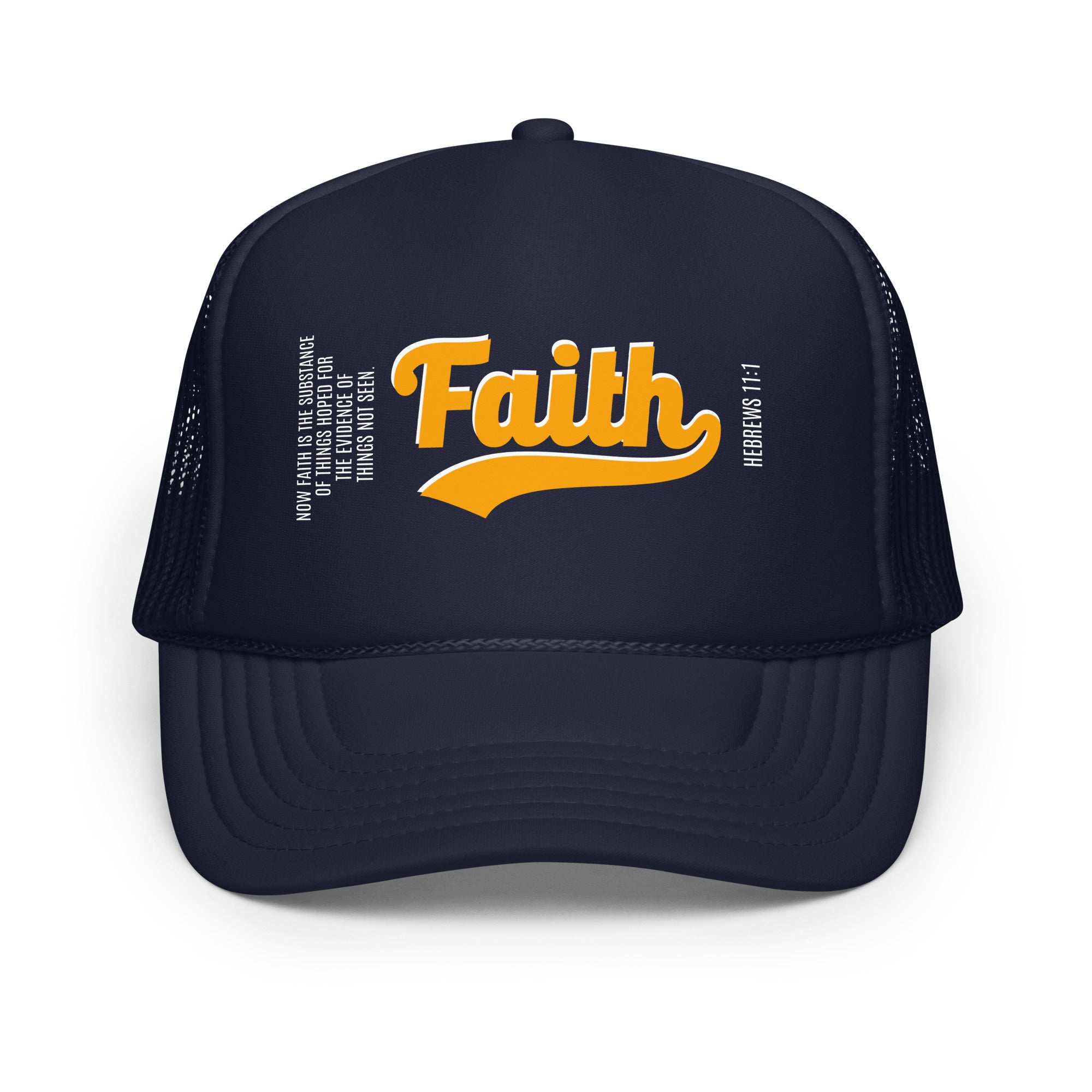 Navy blue cap with orange 'Faith' text 