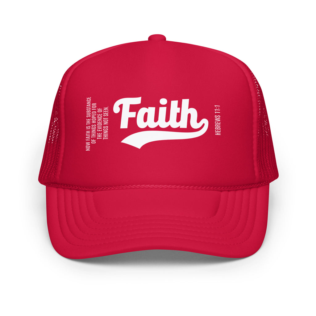 Red cap with 'Faith' printed 