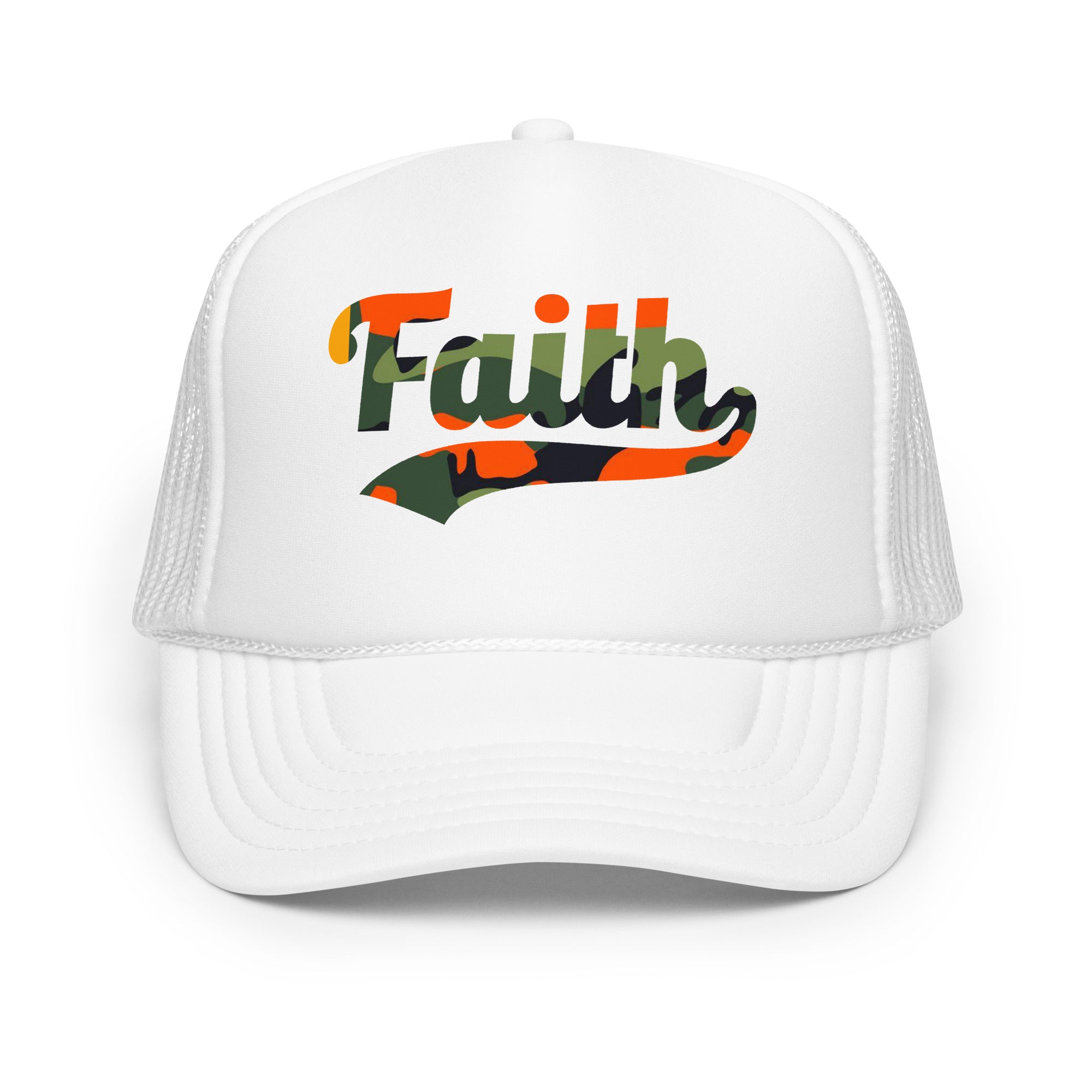 White trucker cap with camo 'Faith' printed on it 