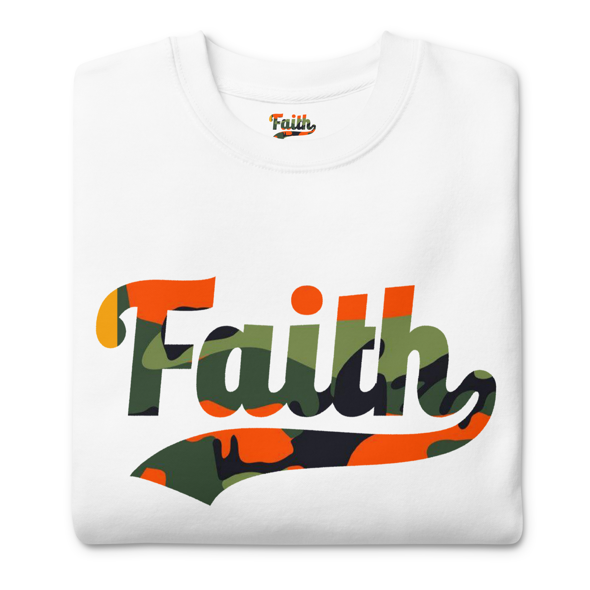 white faith crewneck with Camo faith logo - close up and folded 