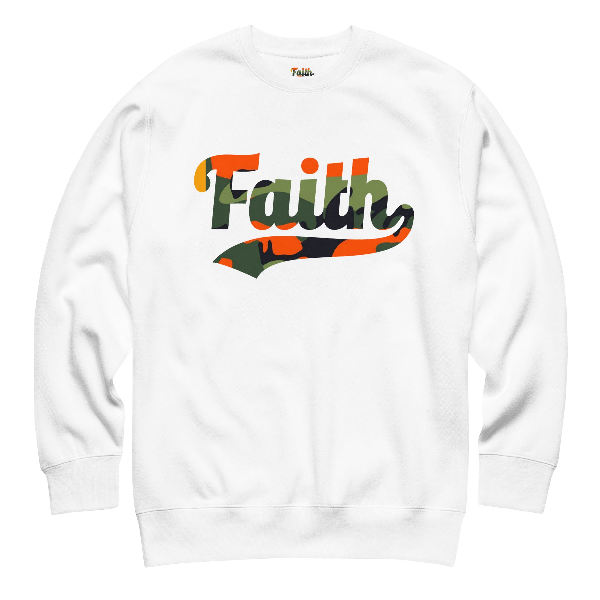white faith crewneck with Camo faith logo