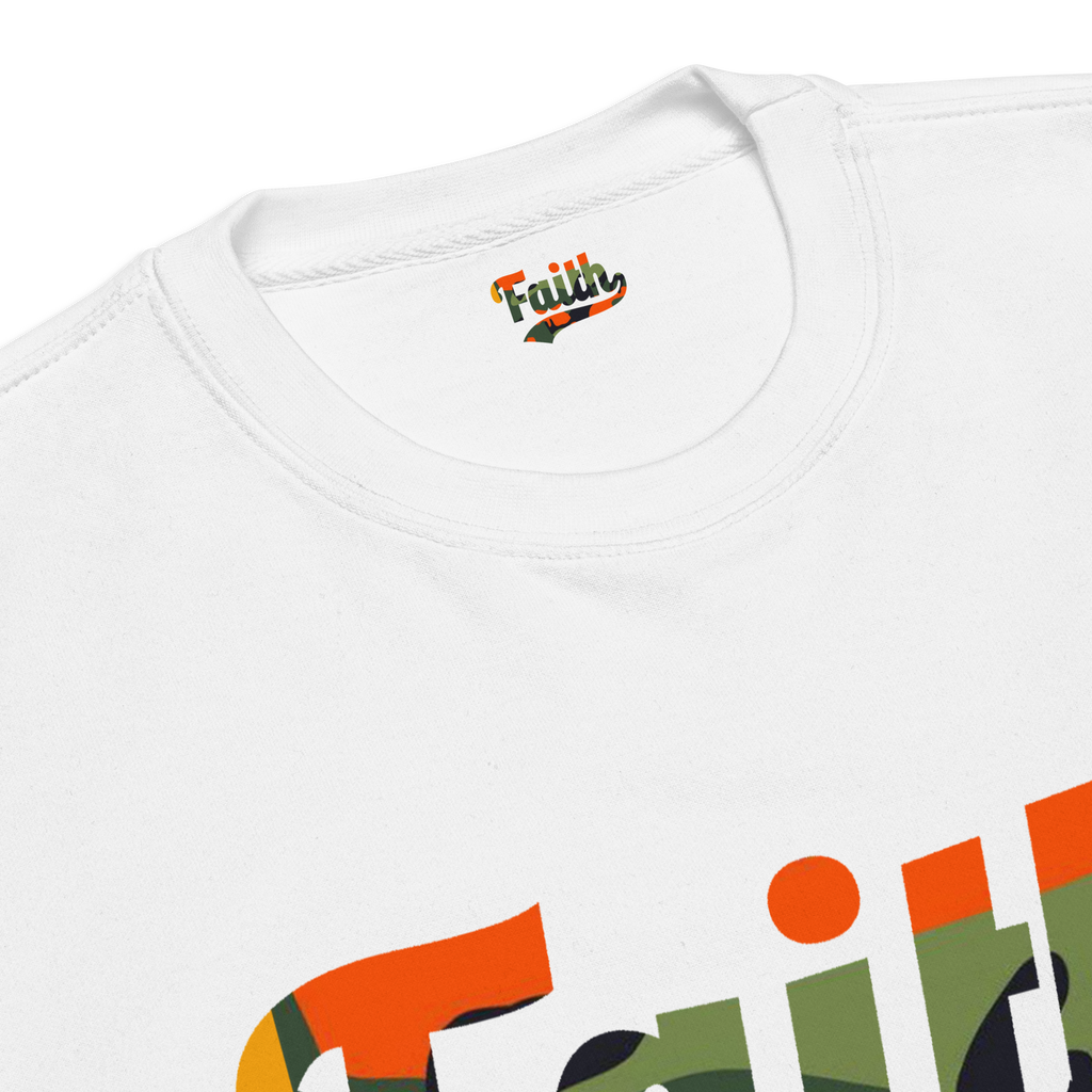 white faith crewneck with Camo faith logo tag to match 