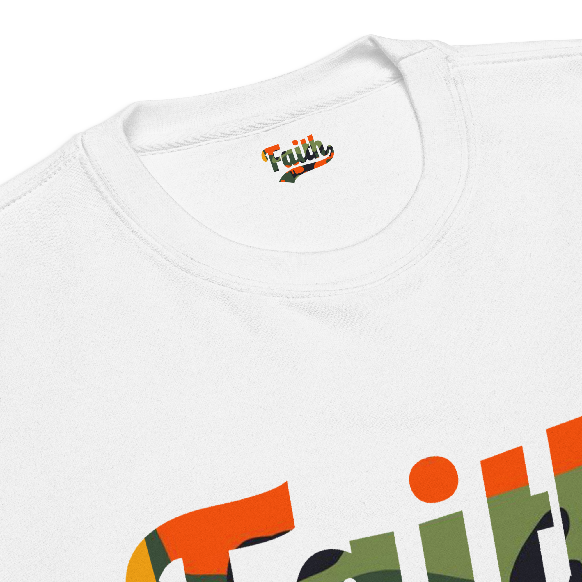 white faith crewneck with Camo faith logo tag to match 